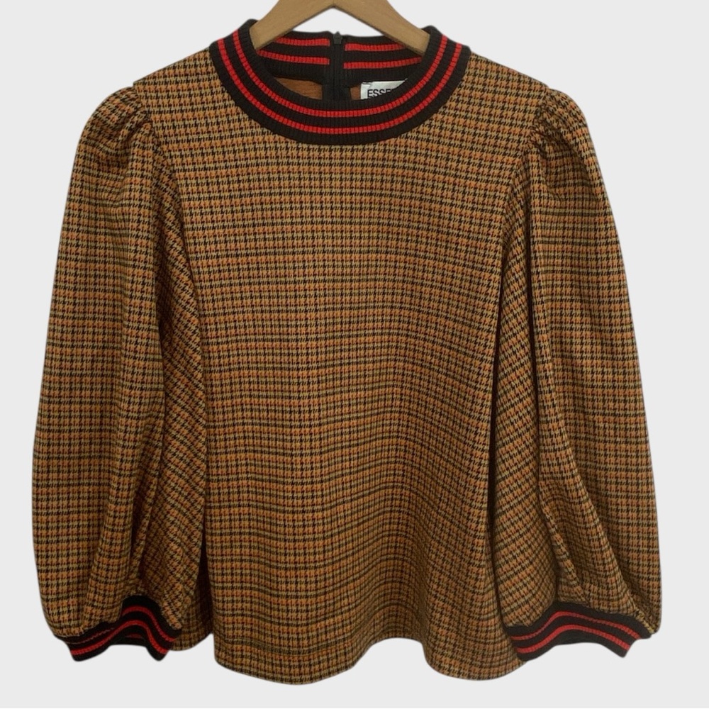 Essentiel Antwerp Brown Black Red Houndstooth Stripe Trim Shirt Size 36 Small